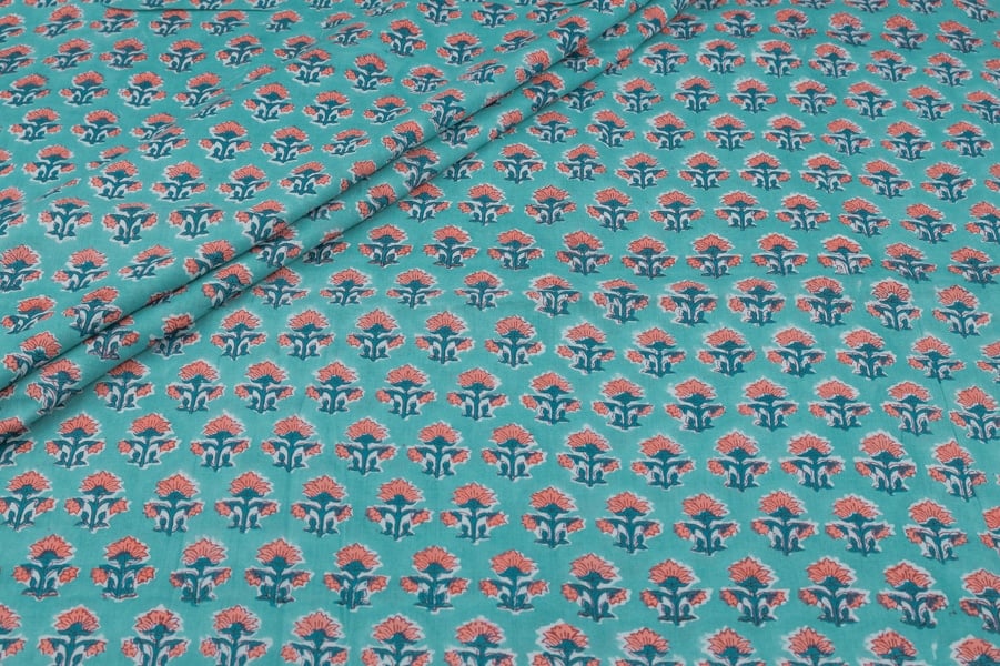 Pure Soft Cotton HandBlock Sanganeri Printed Fabric Robin Egg Blue Floral Handblock Printed 100% Pure Soft Cotton Fabric - Image 1