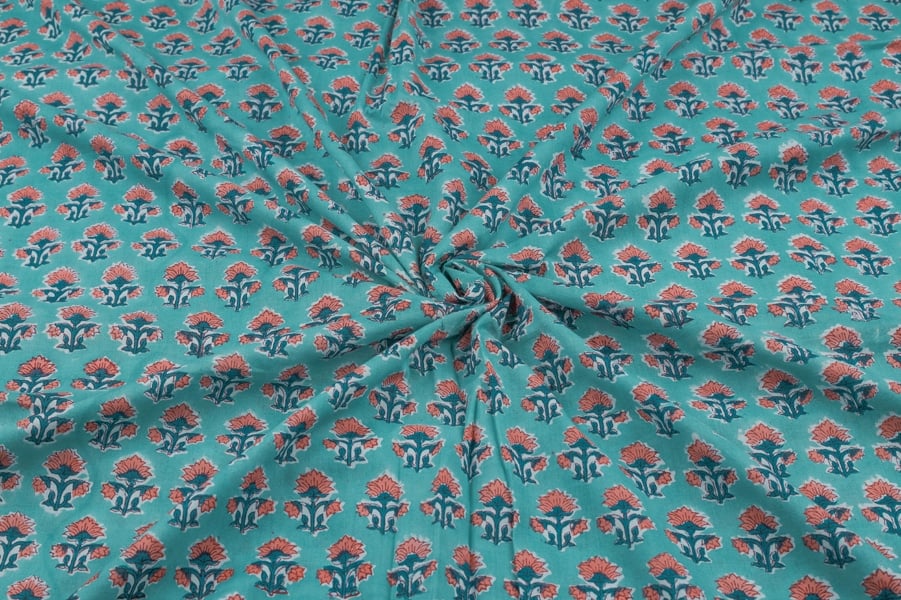 30262 (3) Robin Egg Blue Floral Handblock Printed 100% Pure Soft Cotton Fabric - Image 3