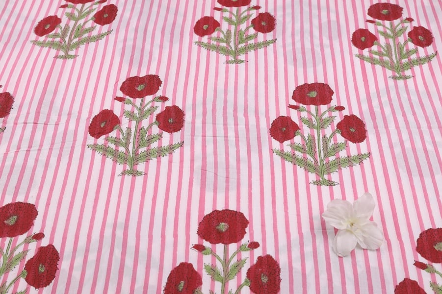 30263 (2) White Floral Handblock Printed 100% Pure Soft Cotton Fabric - Image 2