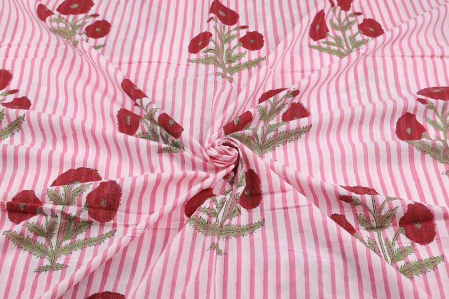 30263 (3) White Floral Handblock Printed 100% Pure Soft Cotton Fabric - Image 3