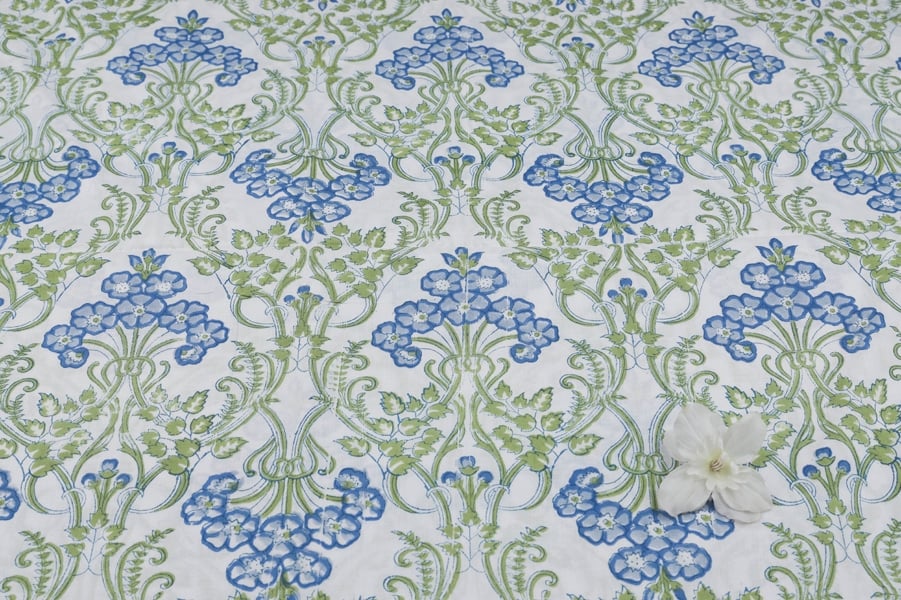 30264 (2) White Floral Handblock Printed 100% Pure Soft Cotton Fabric - Image 2