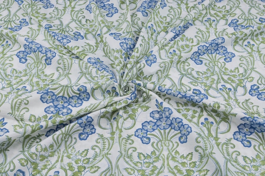 30264 (3) White Floral Handblock Printed 100% Pure Soft Cotton Fabric - Image 3