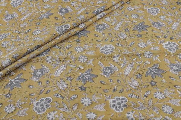 Pre-Cut 1.10m Musturd Yellow Floral Handblock Printed 100% Pure Soft Cotton Fabric