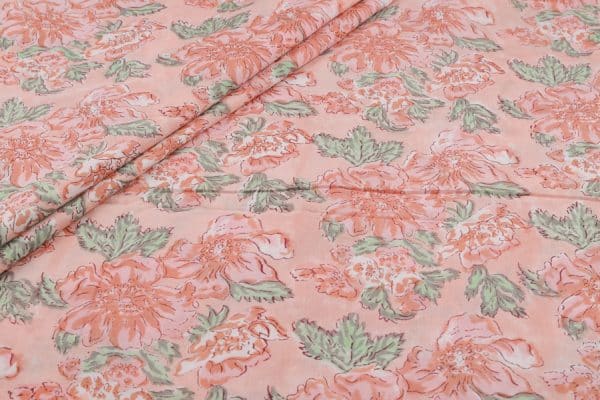 Salmon Pink Floral Handblock Printed 100% Pure Soft Cotton Fabric