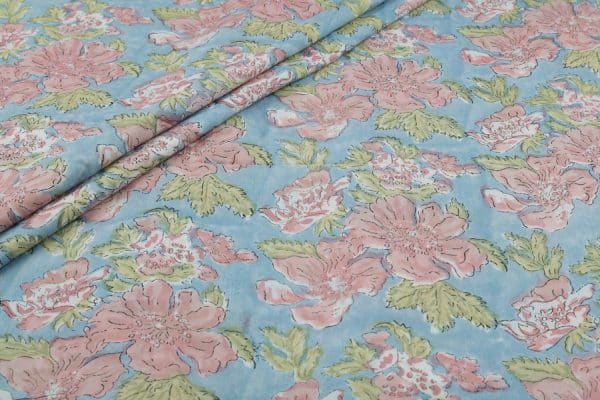 Pastel Blue Floral Handblock Printed 100% Pure Soft Cotton Fabric