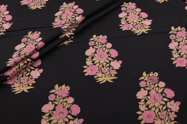 Pre-Cut 2.20m Black Floral Handblock Printed 100% Pure Soft Cotton Fabric