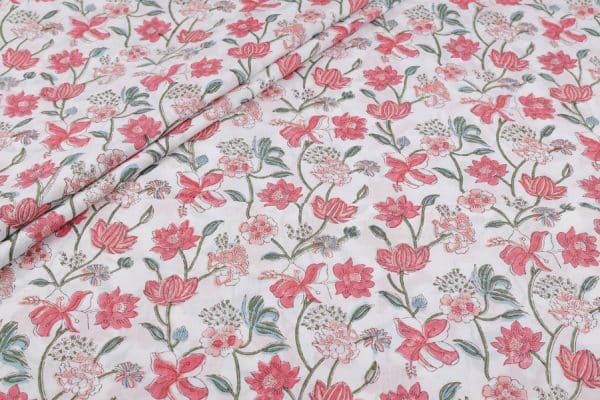 White Floral Handblock Printed 100% Pure Soft Cotton Fabric