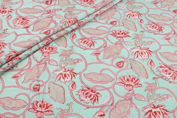 Powder Blue Floral Handblock Printed 100% Pure Soft Cotton Fabric