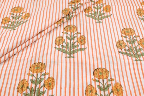 White Floral Handblock Printed 100% Pure Soft Cotton Fabric