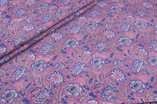Pre-Cut 2.20m African Violet Floral Handblock Printed 100% Pure Soft Cotton Fabric