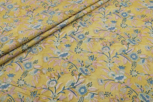 Straw Yellow Floral Handblock Printed 100% Pure Soft Cotton Fabric
