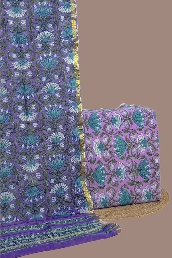 2pc Blockprinted Cotton Dupatta and Pure Soft Cotton Top Fabric Set