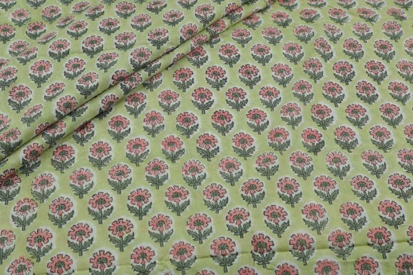 Pre-Cut 1.80m Bamboo Green Floral Handblock Printed 100% Pure Soft Cotton Fabric