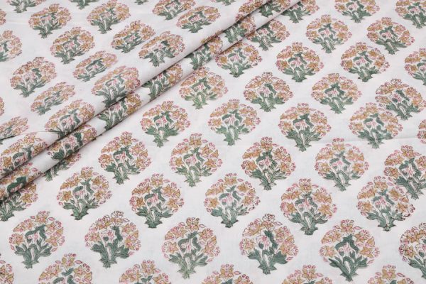 White Floral Handblock Printed 100% Pure Soft Cotton Fabric
