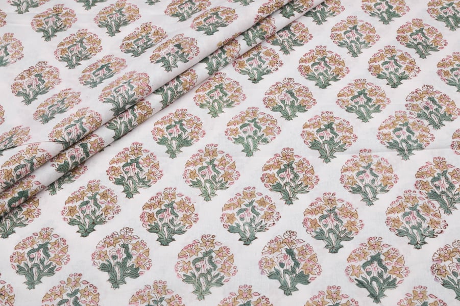30324 (1) White Floral Handblock Printed 100% Pure Soft Cotton Fabric - Image 1