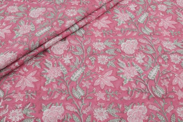 Pre-Cut 2.20m Brilliant Rose Pink  Floral Handblock Printed 100% Pure Soft Cotton Fabric