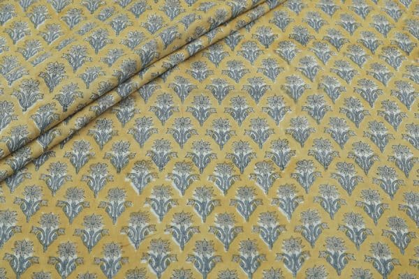 Pre-Cut 2.20m Musturd Floral Handblock Printed 100% Pure Soft Cotton Fabric