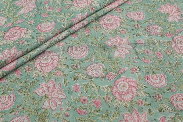 Pre-Cut 1.70m Seafoam Green Floral Handblock Printed 100% Pure Soft Cotton Fabric