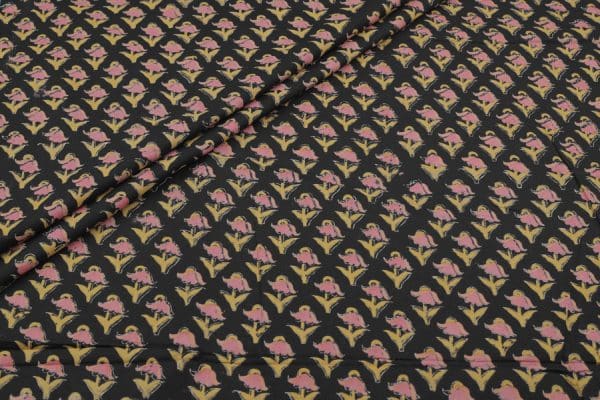 Pre-Cut 2.20m Black Floral Handblock Printed 100% Pure Soft Cotton Fabric