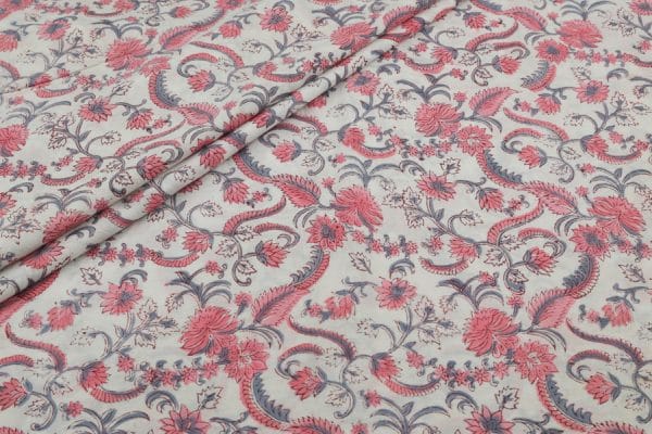White Floral Handblock Printed 100% Pure Soft Cotton Fabric