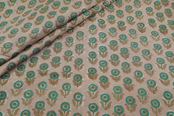 Pre-Cut 2.25m Light Brown Floral Handblock Printed 100% Pure Soft Cotton Fabric