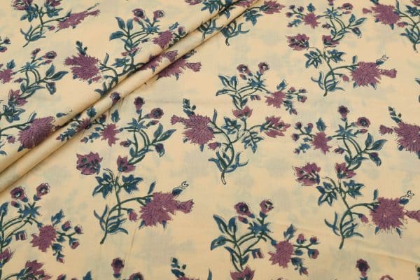 Bright Cream Floral Handblock Printed 100% Pure Soft Cotton Fabric