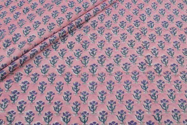 Soft Pink Floral Handblock Printed 100% Pure Soft Cotton Fabric