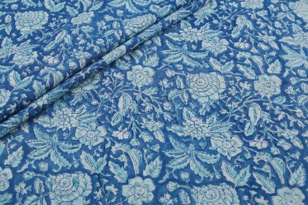 Pre-Cut 1.80m Denim Blue Floral Handblock Printed 100% Pure Soft Cotton Fabric