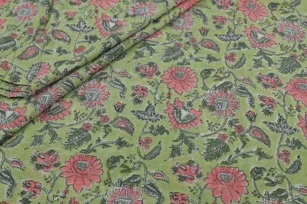 Bamboo Green Floral Handblock Printed 100% Pure Soft Cotton Fabric