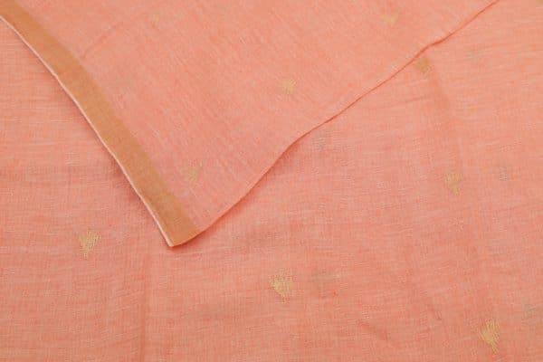 Pinkish Orange Handloom Woven Zari Motif Pure Soft Linen Fabric