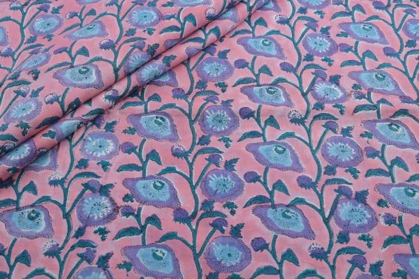 Soft Pink Floral Handblock Printed 100% Pure Soft Cotton Fabric