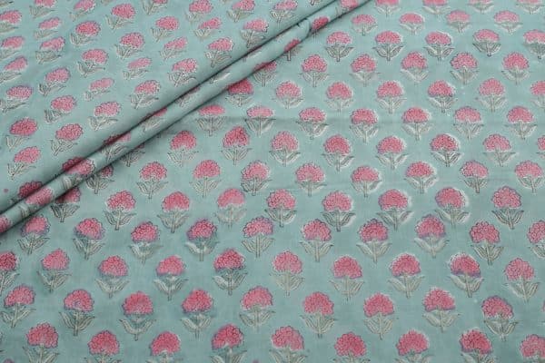 Pre-Cut 2m Powder Blue Floral Handblock Printed 100% Pure Soft Cotton Fabric