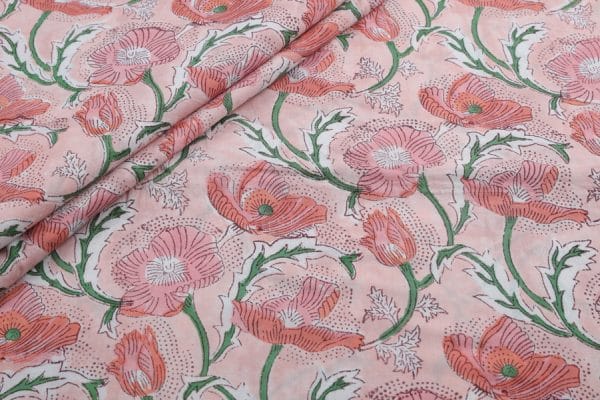 Pre-Cut 1.40m Baby Pink Floral Handblock Printed 100% Pure Soft Cotton Fabric