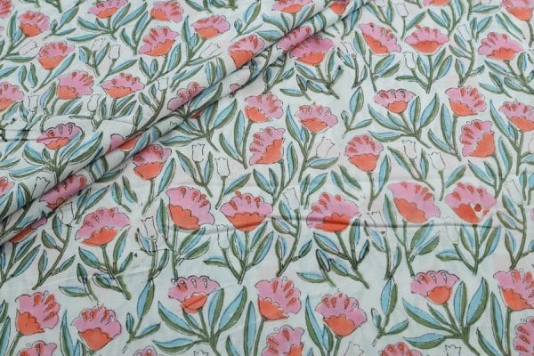 Pre-Cut 1.50m White Floral Handblock Printed 100% Pure Soft Cotton Fabric