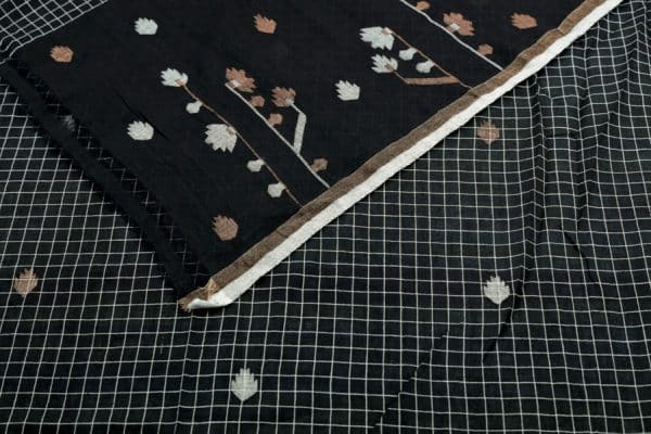 Black Handloom Intricate Border Flowy HandLoom Pure Soft Cotton Fabric