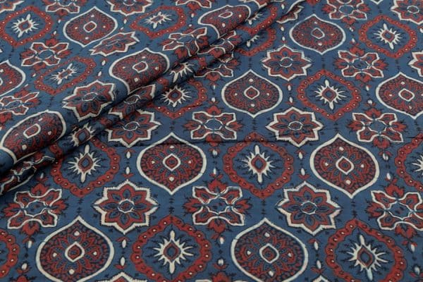 Pre-Cut 2.15m Natural Indigo Blue Dye Handblock Ajrakh Printed Cotton Fabric