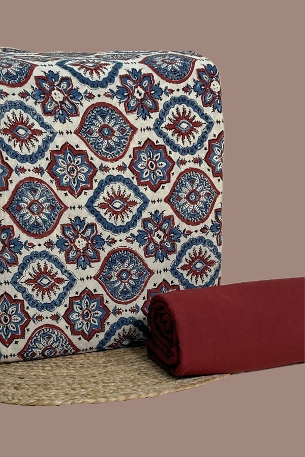 2pc Ajrakh HandCrafted Cotton Top and Plain Dyed Bottom Cotton Fabric Set
