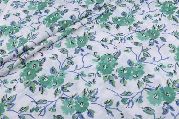 White Floral Handblock Printed 100% Pure Soft Cotton Fabric