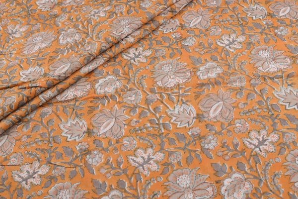 Flame Orange Floral Handblock Printed 100% Pure Soft Cotton Fabric