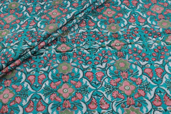 Turquoise Floral Handblock Printed 100% Pure Soft Cotton Fabric