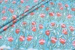 Sky Blue Floral Handblock Printed 100% Pure Soft Cotton Fabric