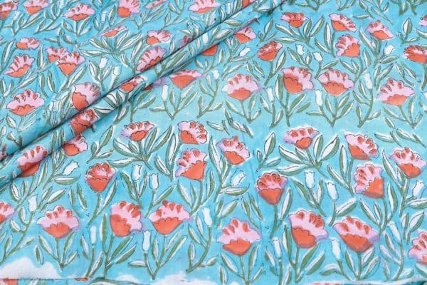 Pre-Cut 2.20m Sky Blue Floral Handblock Printed 100% Pure Soft Cotton Fabric