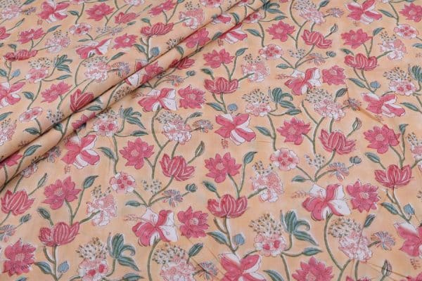 Pre-Cut 2.20m Light Orange Floral Handblock Printed 100% Pure Soft Cotton Fabric