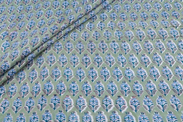 Pre-Cut 2.20m Calm Green Floral Handblock Printed 100% Pure Soft Cotton Fabric