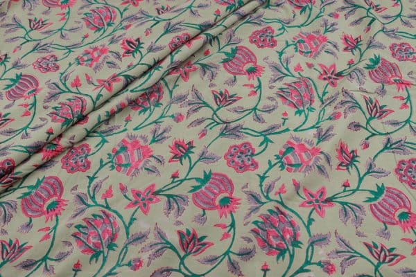 Pre-Cut 2m Pistachio Green Floral Handblock Printed 100% Pure Soft Cotton Fabric