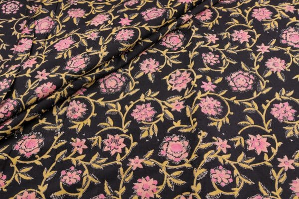 Black Floral Handblock Printed 100% Pure Soft Cotton Fabric
