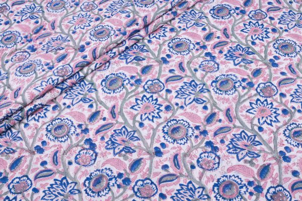 White Floral Handblock Printed 100% Pure Soft Cotton Fabric