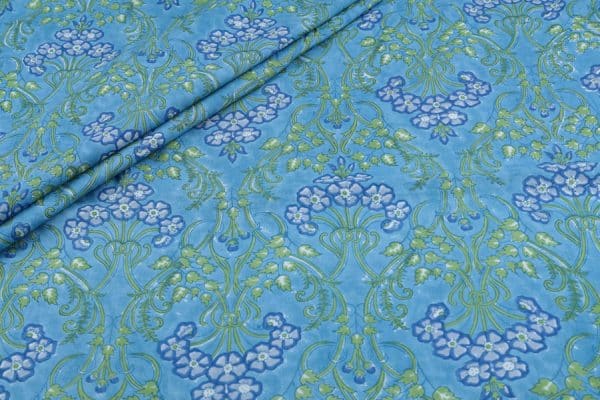 Light Sky Blue Floral Handblock Printed 100% Pure Soft Cotton Fabric