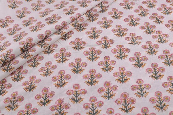 Pre-Cut 2m White Floral Handblock Printed 100% Pure Soft Cotton Fabric
