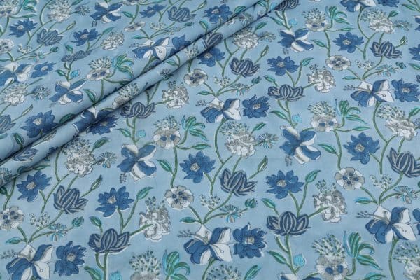 Light Blue Floral Handblock Printed 100% Pure Soft Cotton Fabric